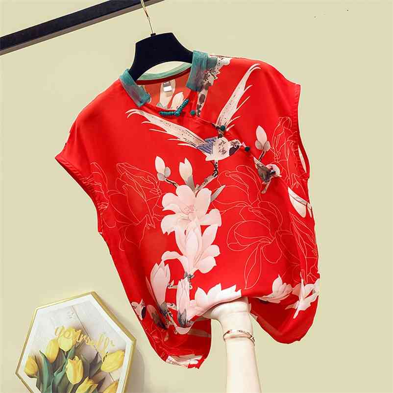 

Chinese Retro Floral Print Style Women's Short Sleeves Chiffon Shirt Summer Ladies Shirts Female Blouse Tops A3469 210519, Pink