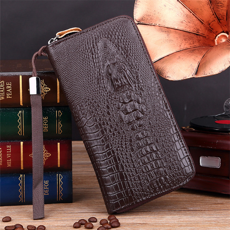 

Factory wholesale men leathers shoulder bag simple Joker solid color embossed long wallet British crocodile storage coin purse single zipper leather handbag, Black5(boutique box)