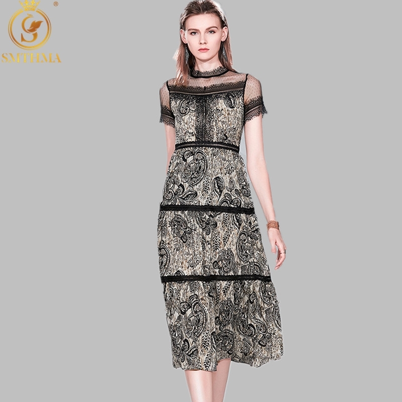 

Fashion Runway Summer Dress Women's Short Sleeve High Waist Vintage Mesh Patchwork Print Elegant Midi 210520, Photo color