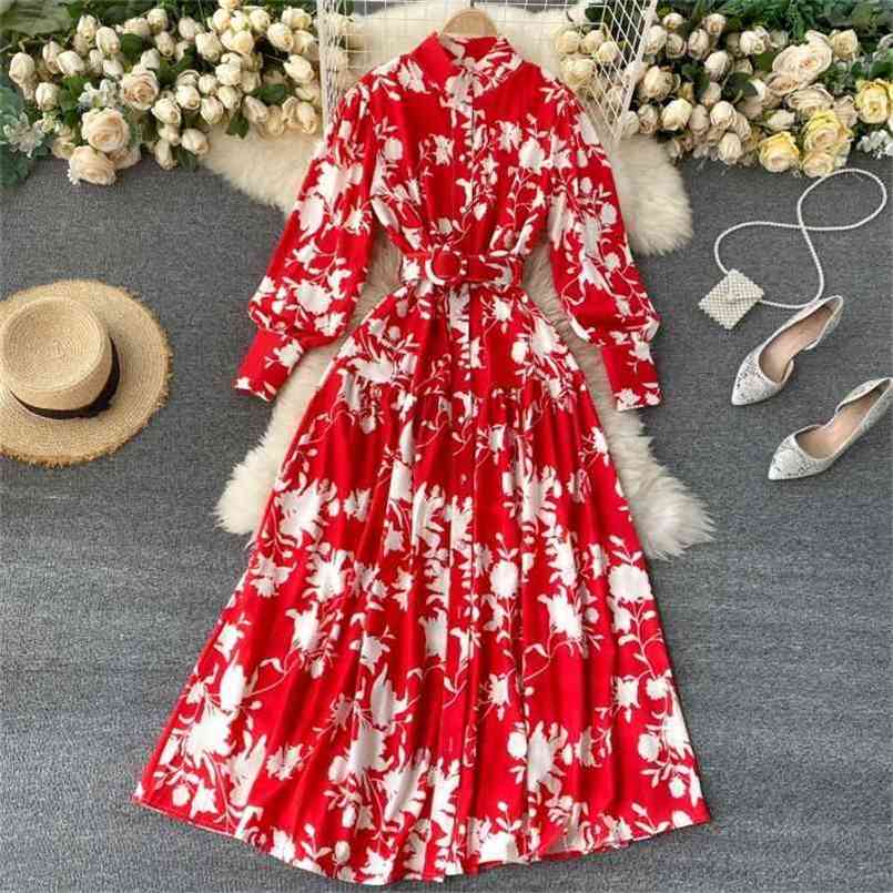 

Elegant Women Spring Summer Floral Print Stand Collar Full Sleeve Long Dress Single Breasted Boho Style Beach Holiday Maxi 210603, Red