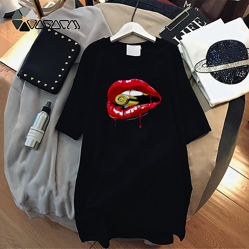 

PROPCM Summer Dresses Black White Women Designer Lips Mini Sundress Loose O Neck Lady T Shirt Casual Plus Size Luxury Short Sleeve Clothing, D001 black