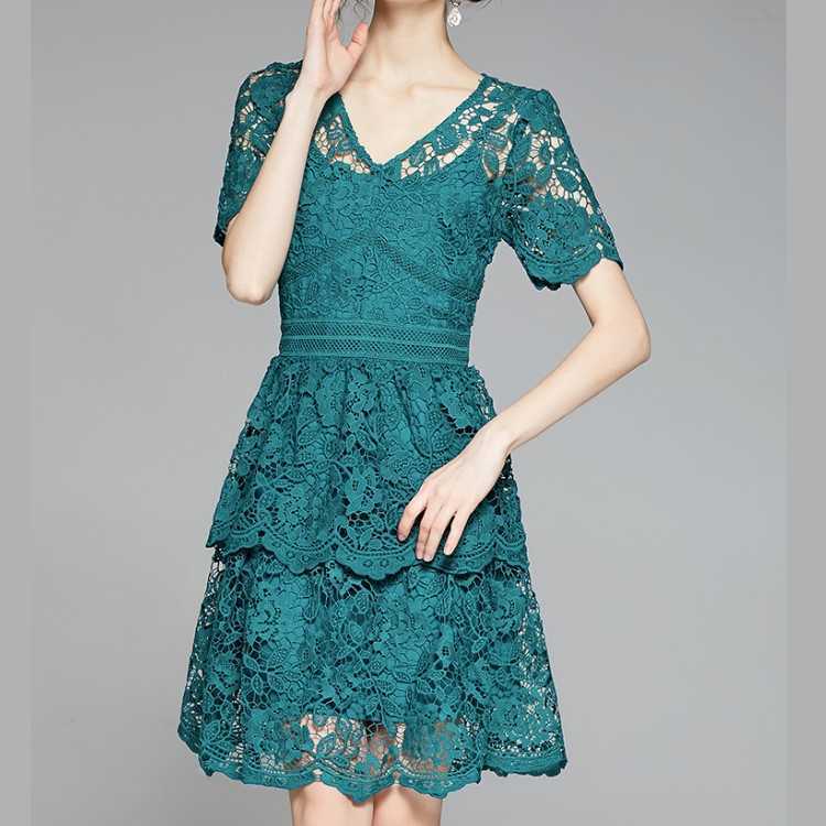 

Summer Lace Dress Women Vintage Sexy Hollow Out Casual Short Sleeve Hook Flower Slim Party Dresses Female Vestidos 210526, Photo color