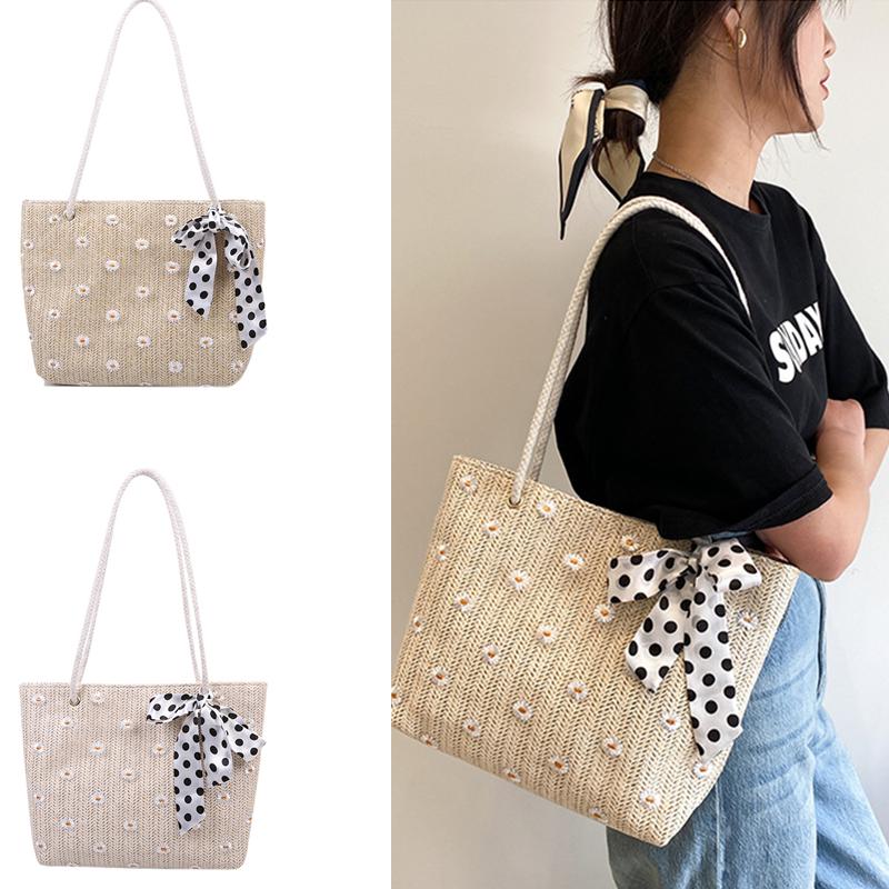 

Evening Bags Female Spring And Summer Straw Made Style Shoulder Bag Shopping Fresh Simple Flower Woven Beach, Khaki
