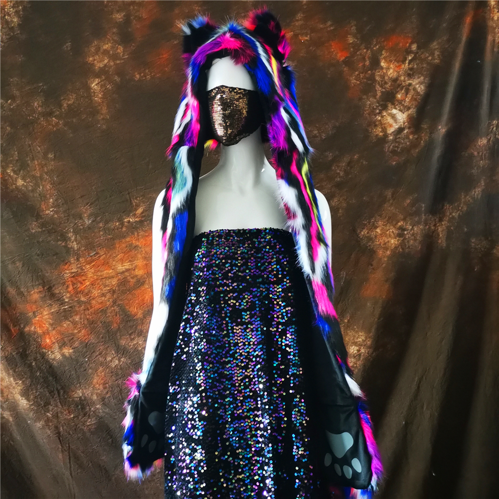 

2021 New Fashion cute Animal pointed ear husky Colorful Faux fur cap Girl boy warm hat Winter windproof student casual scarf hatg