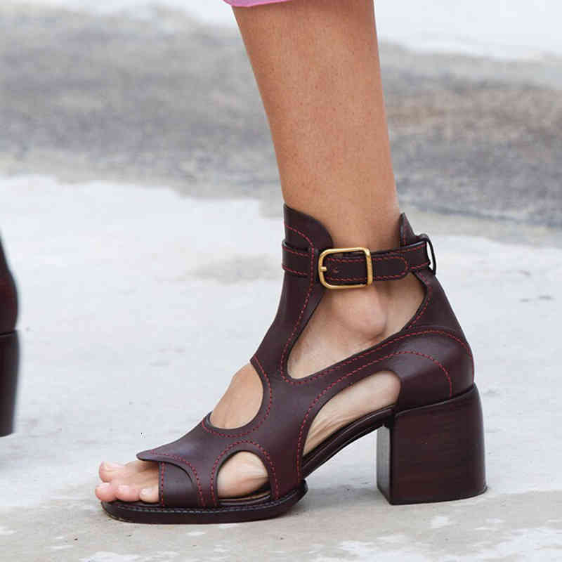 

sandals genuine leather fashion bombs will see high peep heels to woman casual sandals 34-43 vintage with hollow buckles 7v34, Black