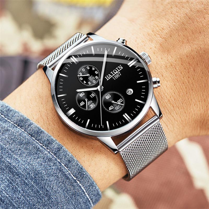 

Wristwatches HAIQIN Automatic Men Watches Quartz Wristwatch Waterproof Complete Calendar Male Factory Drop Outlet, Silver black-b