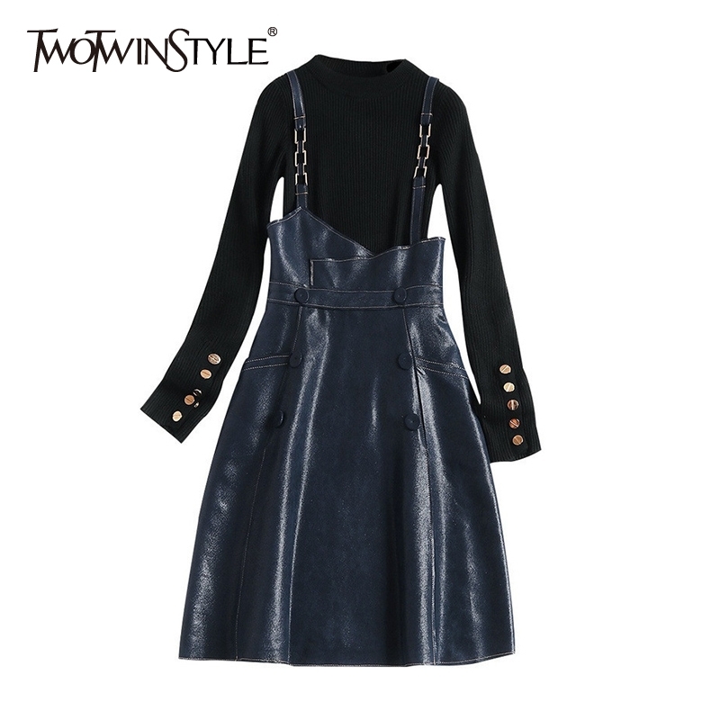 

TWOTWINSTYLE Casual Two Piece Set For Women O Neck Long Sleeve Sweater Patchwork Chain Strap Dress Female Sets Autumn 210517, Aspicture