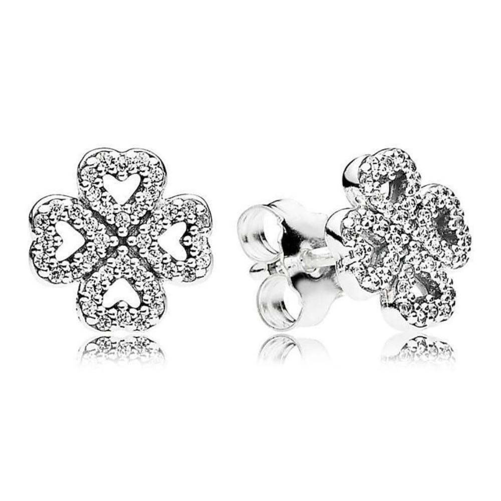 

Authentic 100% 925 Sterling Silver Sparkling Heart Clover Stud Earrings Fashion Women Wedding Jewelry Accessories For Gift, Golden;silver