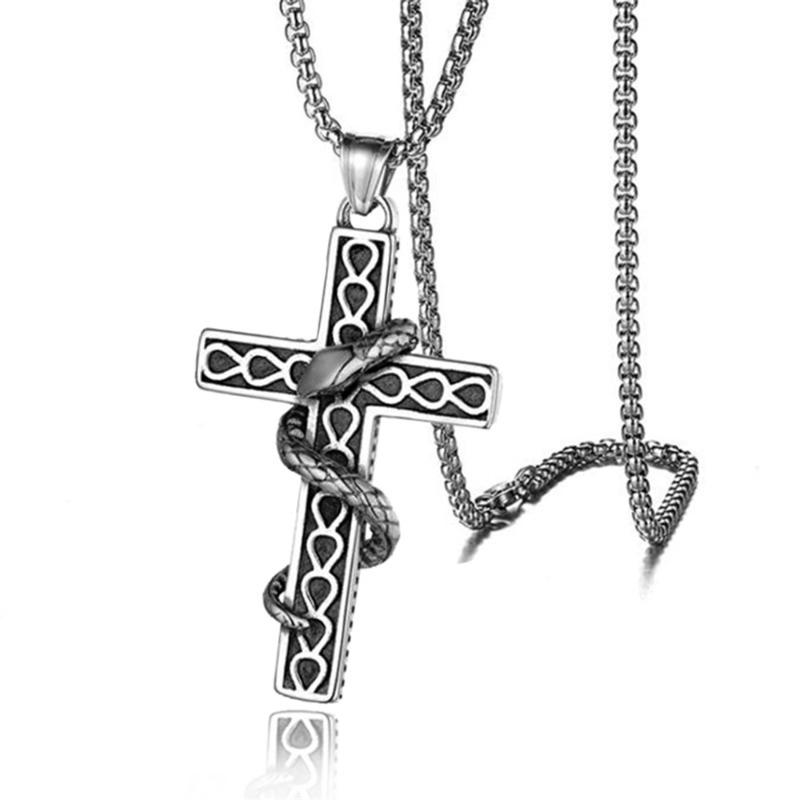 

Pendant Necklaces 316L Stainless Steel Chain Fashionable Gothic Alloy Snake Wrapped Cross Necklace, Silver