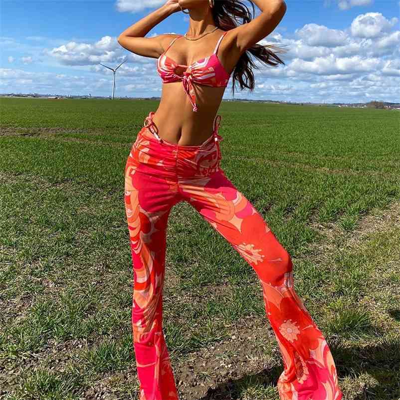 

Drawstring Runched Floral Printed High Waisted Bandage Y2k Pants For Women Chic Fashion Trousers Sweatpants Female Capris 210518, Red pant