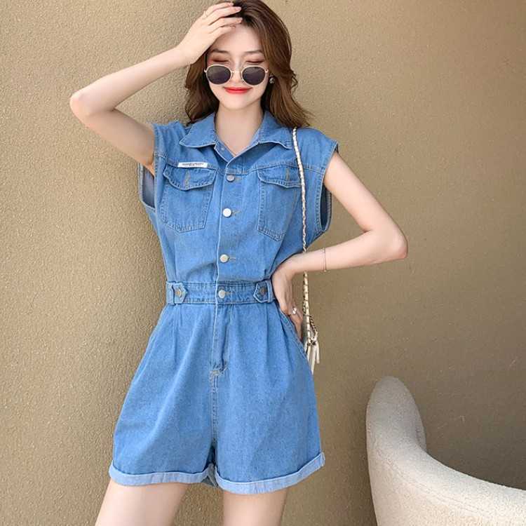

Fashion Sleeveless Pockets Denim Playsuits Overalls Vintage High Waist Female Casual Short Jumpsuits Mujer 210526, Photo color