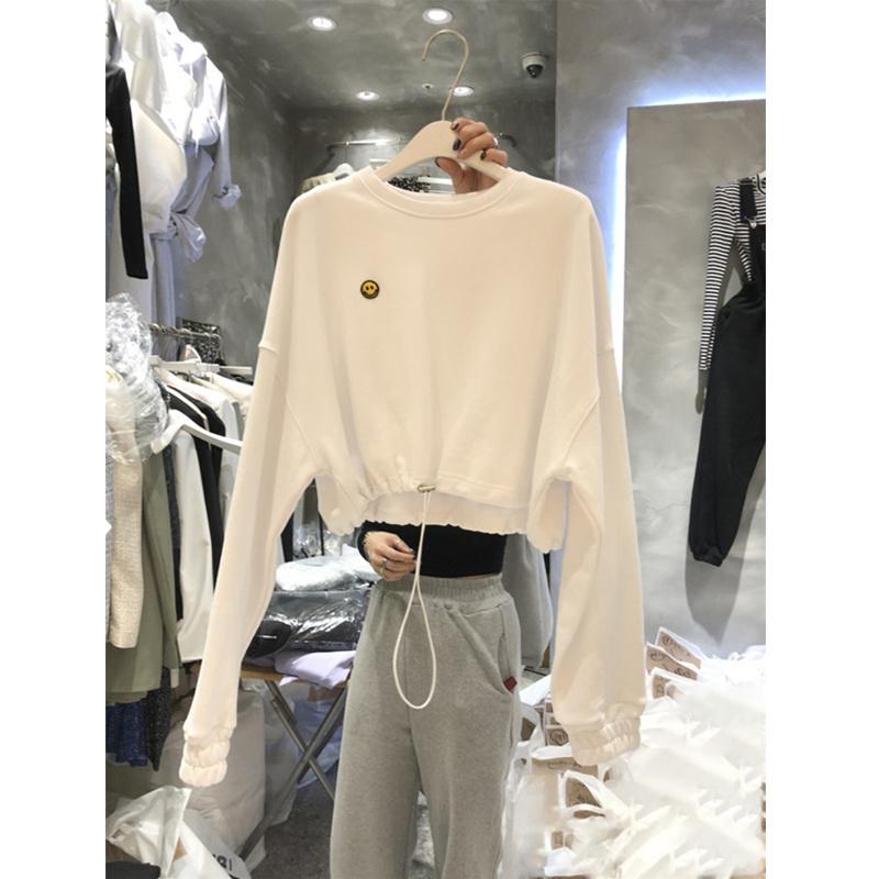 

Women's T-Shirt Short Sweater Early Thin Loose Korean Style Student Versatile Slimming Top Waist-tight Hong Kong Jum, Black