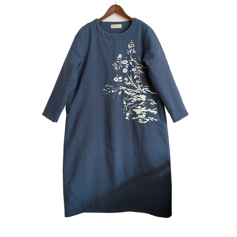 

Johnature Women Embroidery Floral Pullover Parkas Vintage Cotton Linen Solid Color Winter O-Neck Long Sleeve Parkas Coats 210521, Navy blue