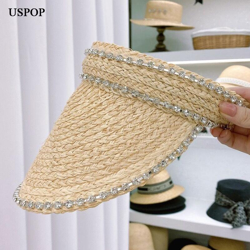 

Summer Sun Hats Women Diamond Raffia Straw Beach Wide Brim, Blue;gray