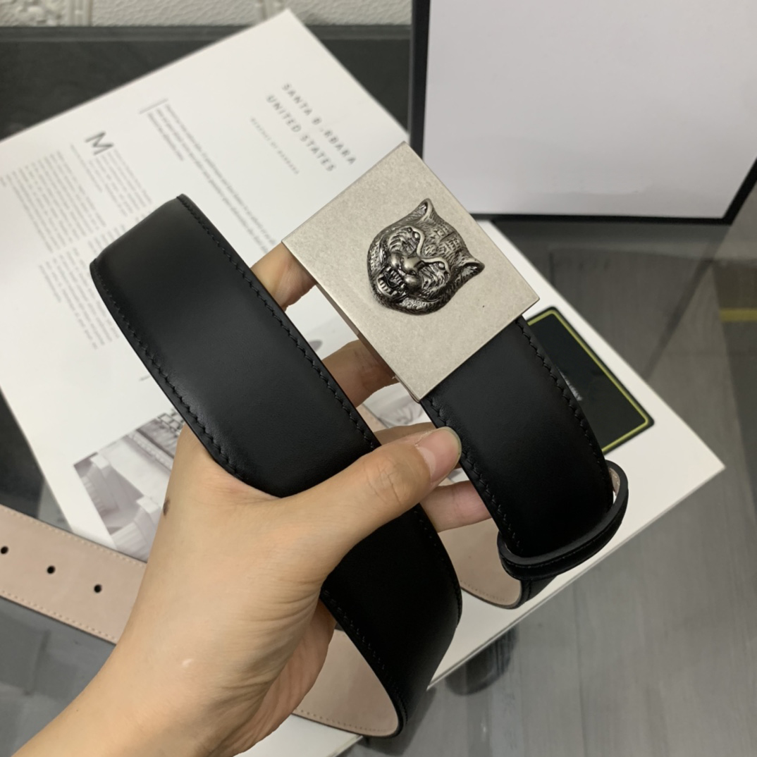 

Belt mens width 38mm leather black tiger head designer silver smooth buckle white frame dustproof gift bag #LY95-125cm