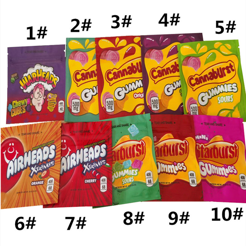 

Warheads Bag Airheads Xtremes Starburst Gummies Cannaburst Sours Rainbow Empty Mylar Bags Packaging 500mg 408mg Zipper Package