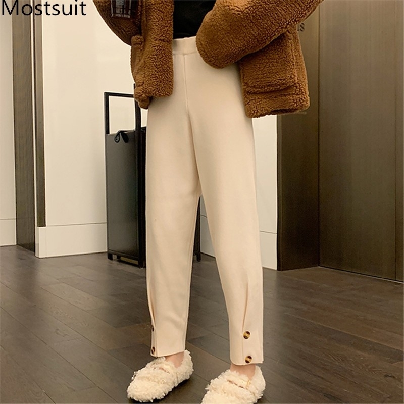 

Korean Fashion Knitted Women Harem Pants Trousers Winter Middle Waist Casual Solid Ladies Ankle-length Femme 210518, Apricot