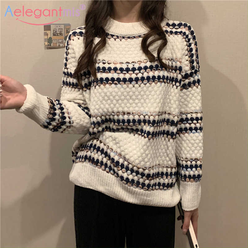 

Aelegantmis Loose Knitted Sweater Women 5 Colors Vintage Soft Cozy Thick Pullover Casual Korean Striped Jumpers Fashion Female 210607, Pink