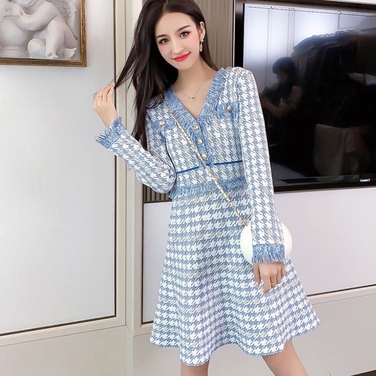 

Fashion Autumn Houndstooth Tassel Trim Sweater Dress Ladies Long Sleeve V-Neck Casual Knit Dresses Vestidos 210518, Photo color