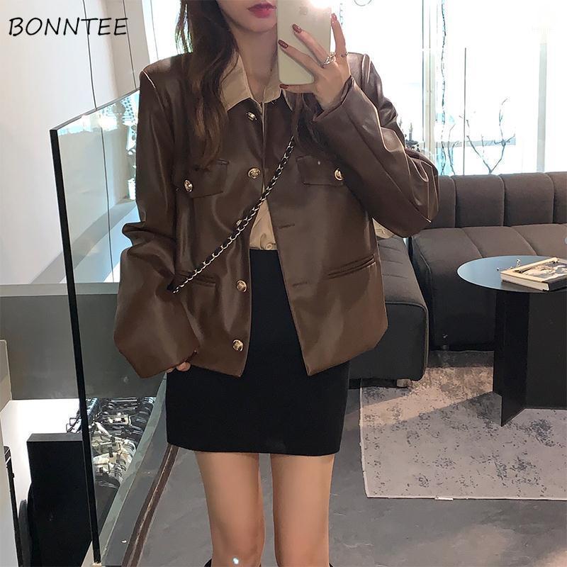 

Women's Jackets Basic Women Coffee Pu Leather Outwear Ladies Autumn Vintage Fashion Loose Quality Coats All-match Aesthetic Street Style, Black;brown