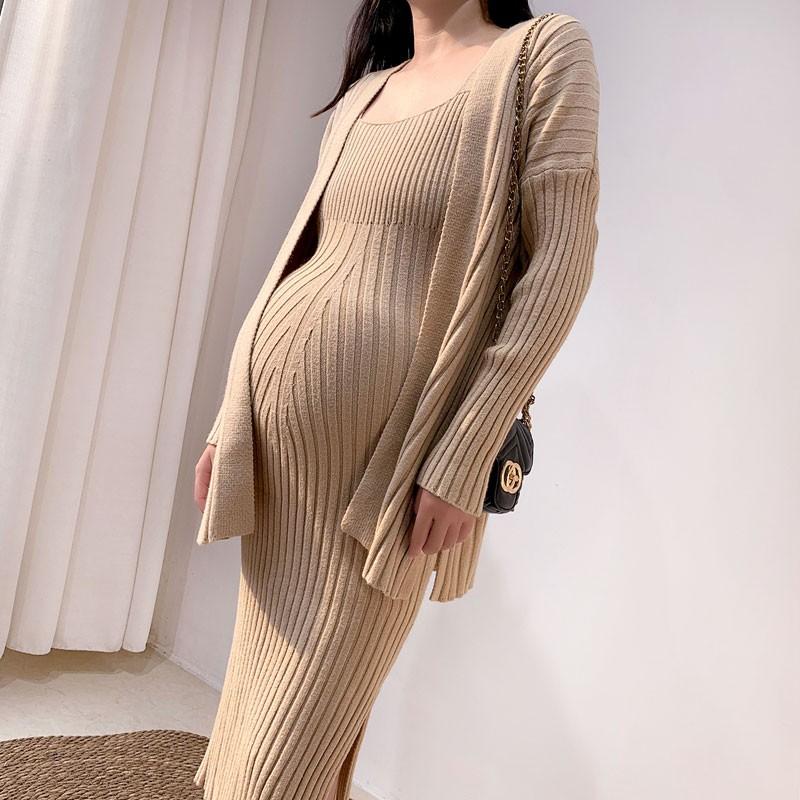 

Maternity Dresses 2PCS/Set Korean Knitted Sweaters Dress Autumn Winter Fashion Suits A Line Slim Clothes For Pregnant Women Lovely, White
