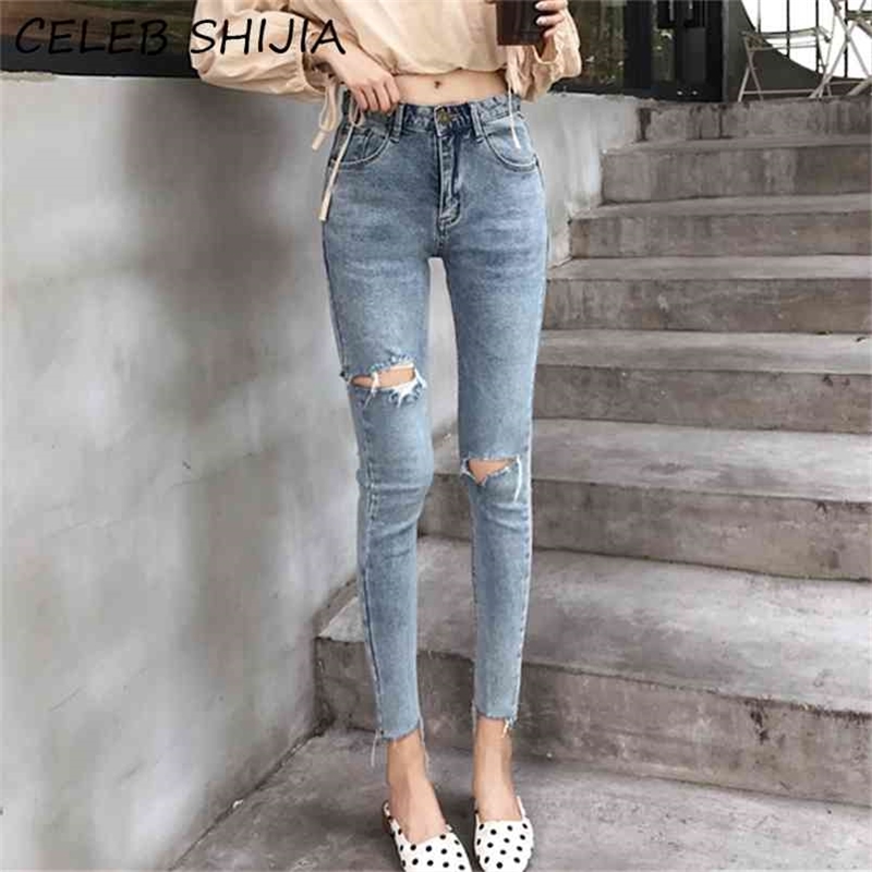 

SHIJIA High Waist Elastic Skinny Jeans Woman Hole Ripped Denim Pencil Female Light Blue Vintage Bottoms Femme Chic 210708