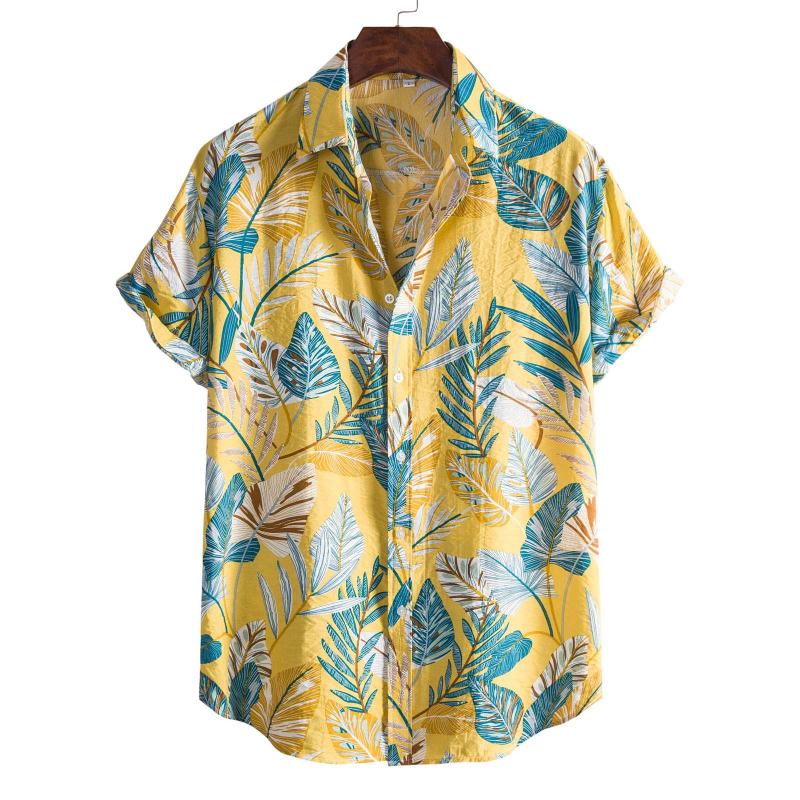 

Men's Casual Shirts Men Shirt Spring Summer Hawaiian Slim Leaves Printed Short Sleeve Beach Breasted Top Blouse Chemise Homme, White;black