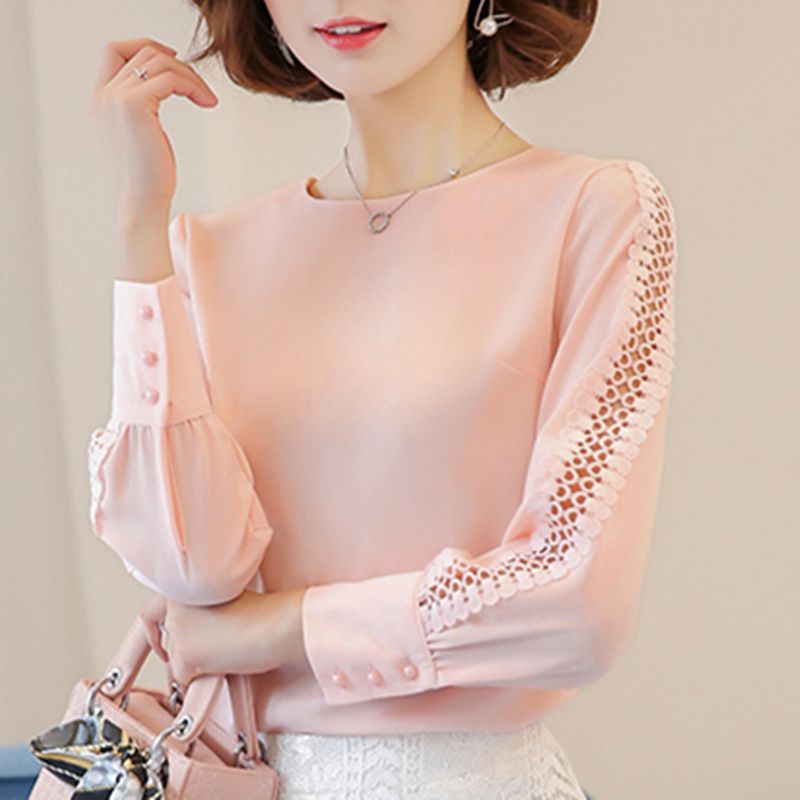

Design Blue Red White Chiffon Blouse Women Autumn Long Sleeve Ladies Office Shirts Korean Fashion Lace Hollow Out Women Tops, Black