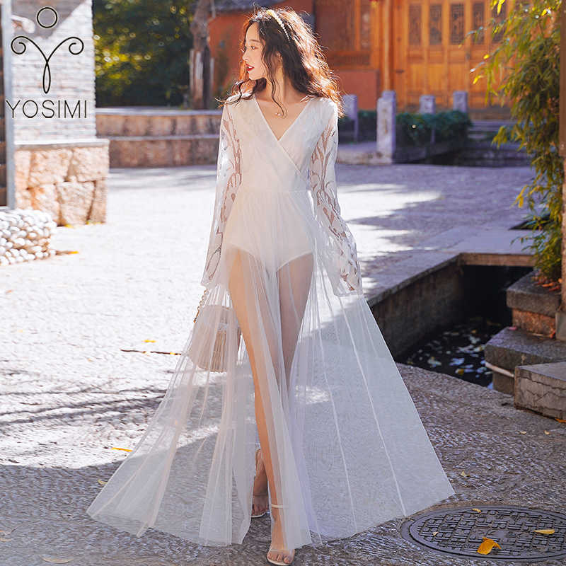 

YOSIMI Ladies Party Dress Mesh Evening Night Sexy Maxi White Lace Floor-Length Long Sleeve Women es 210604
