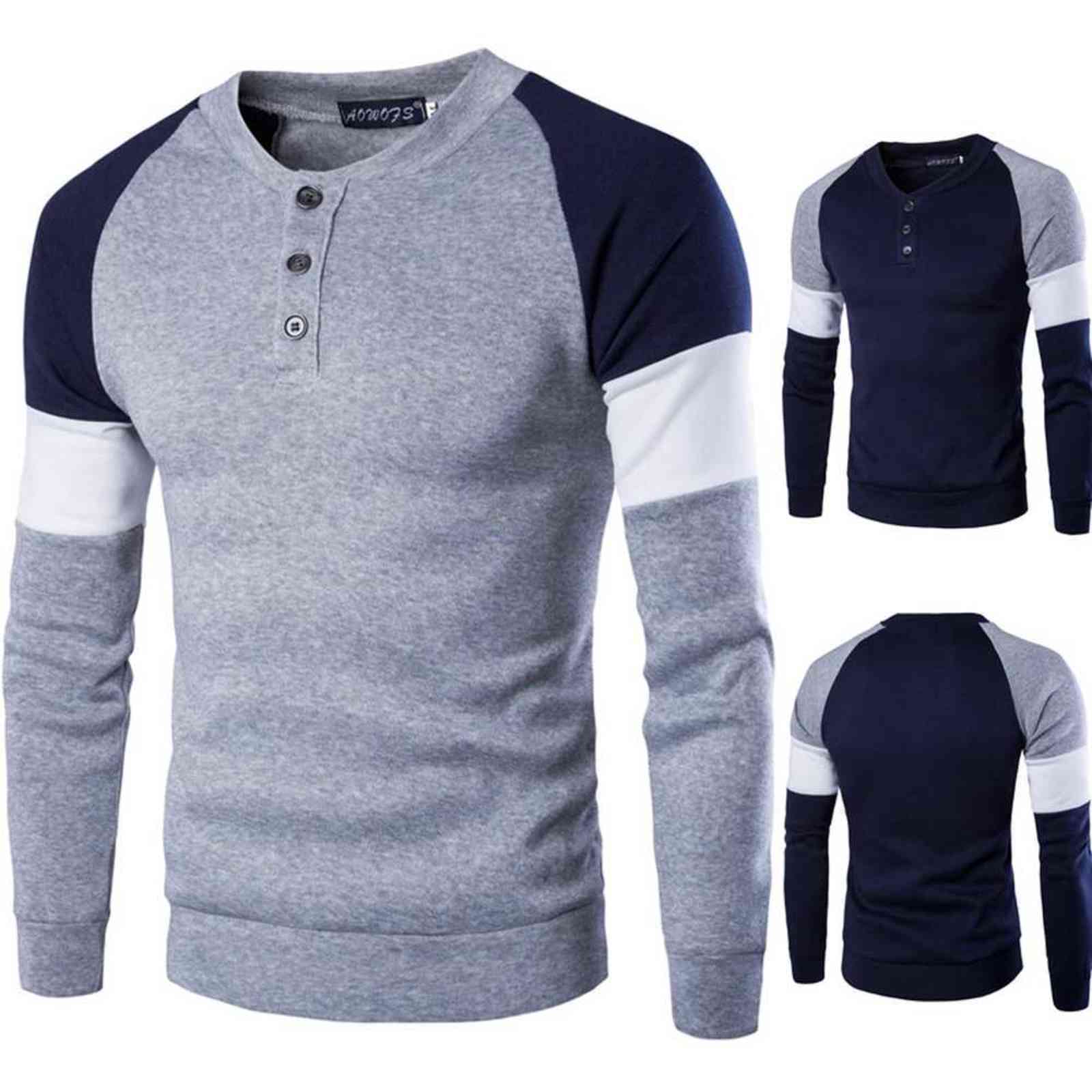 

ZOGAA Men's solid color T-shirt long-sleeved cotton sweater pullover top 211109, Navy blue
