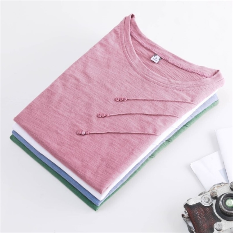 

Short sleeve Summer Women Ribbed Cotton Tee-shirts Female Button Loose Casual fashion T-shirts Blue O-Neck Korea Tops S-3XL 210719, Green