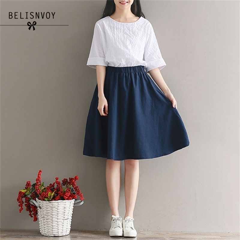 

Women Summer Dresses Plus Size Fashion Casual Loose Patchwork Elastic Waist Short Sleeves Cotton Linen Vintage Dress 210520, Photo color