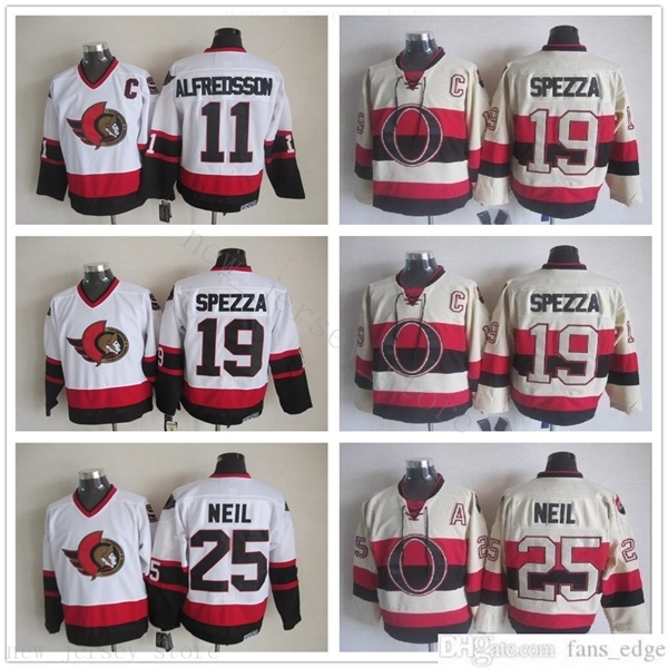 

Vintage CCM Ottawa Senators 25 Chris Neil Jersey Ice Hockey 11 Daniel Alfredsson 19 Jason Spezza Embroidery C Patch Retro Beige White Jersey, Black;red