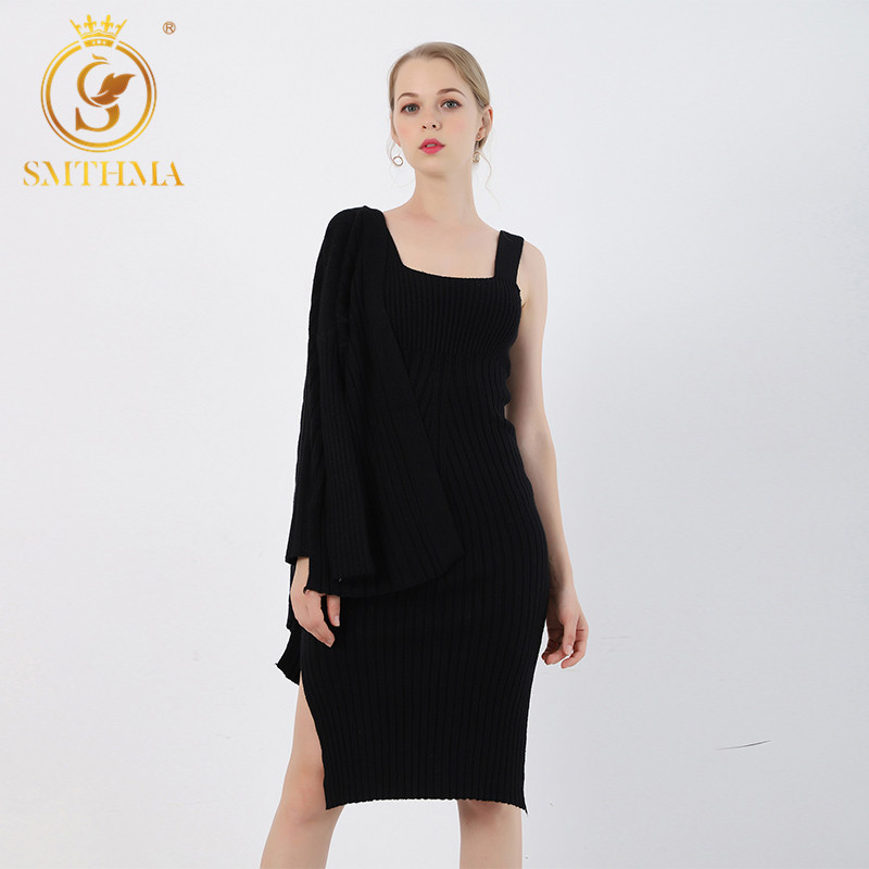 

Winter Women's Casual Long Sleeved Black Cardigan Coat+Suspenders Sweater Vest Dress Two Piece Runway 2 piece Suit 210520, Photo color
