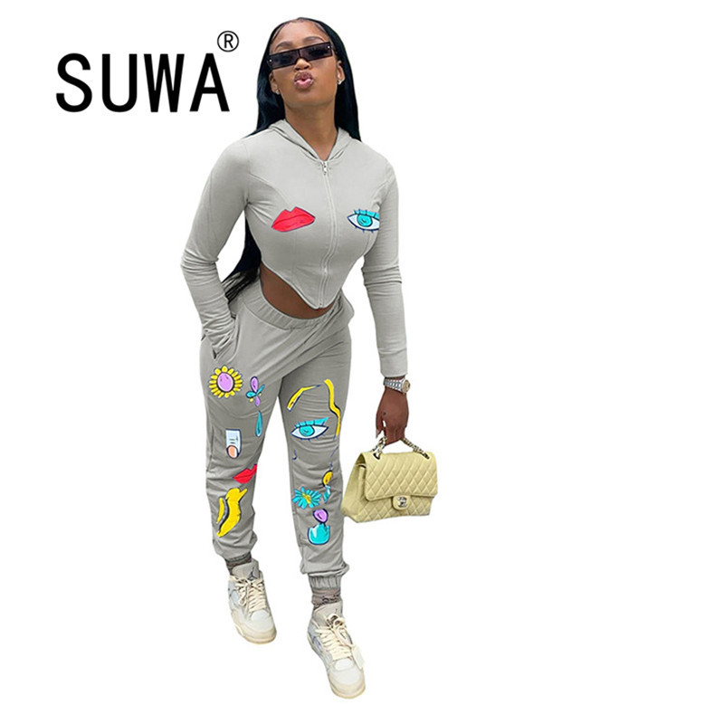 

Tie Dye Casual Tracksuit Women Sports 2 Pieces Set Sweatshirts Pullover Hoodies Suit Home Sweatpants Fashion Outfits 210525, Gray