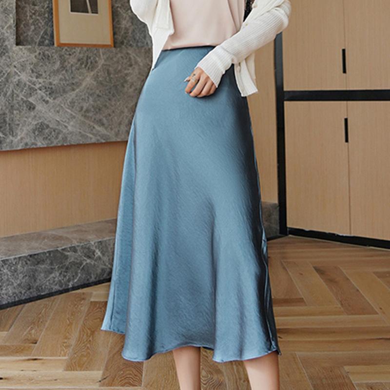 

Skirts Azterumi Women Summer Elegant Shinny Satin Luxurious Long Skirt Elastic High Waist Solid Faldas Mujer, Green