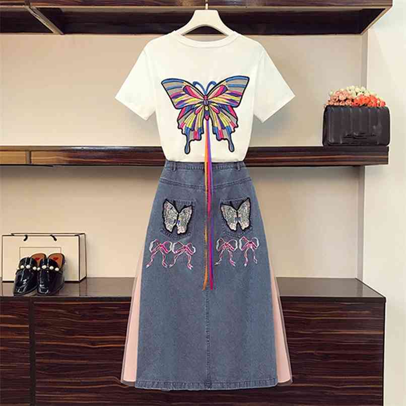 

Plus Size Women Denim Skirt Two piece set Summer High quality Butterfly Embroidery Tassel Sequined Bow Tshirt + Suits 210602, Only white tshirt