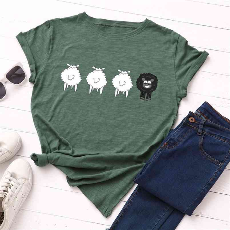 

Summer Women T Shirt Plus Size 5XL Cotton Cute Sheep Animal Print Female Short Sleeve Oversized Tshirts Casual Graphic Tee Tops 210708, Shiny green