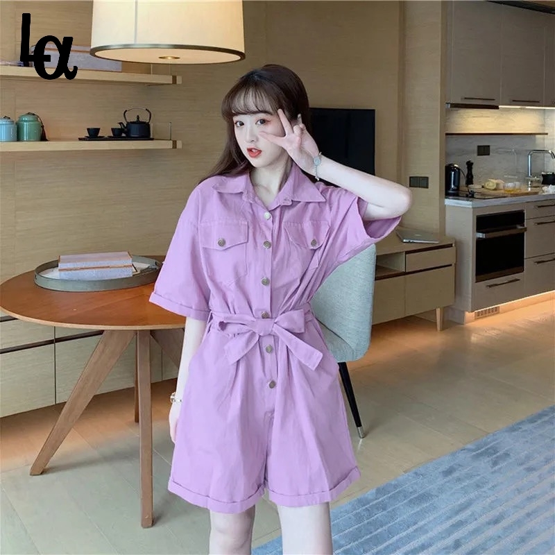 

Korean Style Sashes Lapel Female Trendy Rompers Women Summer Straight Bodysuit Short Loose Leisure Cute Holiday Street 210519, Purple