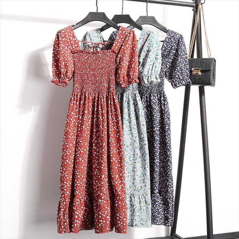 

high waist pleated floral printed women dresses summer short sleeve square collar chiffon dress female backless vestido, Black;gray