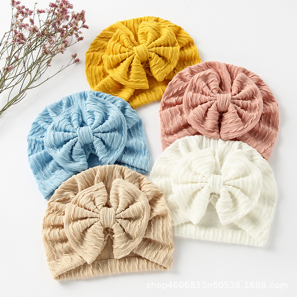 

Solid Baby jacquard Hat Waffle Fabric Big Bow Beanies knot Turban Bonnet Solids Headwear For 0-3T, As pic