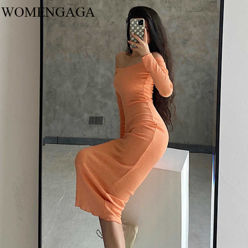 

WOMENGAGA Autumn Sexy Slash Neck Strapless Slim Knitting Elasticity Long Sleeve Dress Dresses Robe 0JKD 210603, Purple
