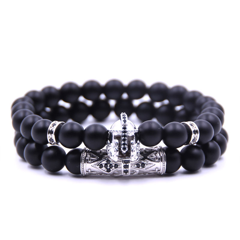 

8MM Black Beads Strands Retro Micro Inlay Helmet Charm Bracelet for Men Gift
