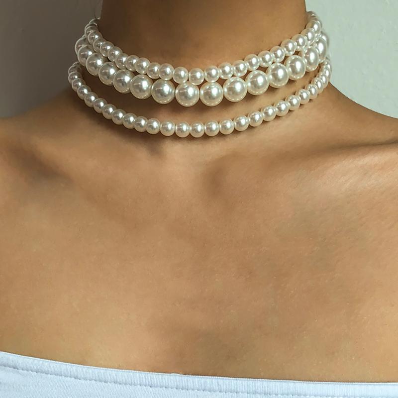

Chokers 2000s Accessories Layer White Imitation Pearl Bead Chain Punk Ladies Wedding Clavicle Necklac For Girl Charm Banquet Jewelry