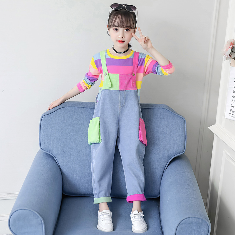 

set Cute Girls Clothes Colorful Tops Long Sleeve Rainbow Sweatshirt Jeans Pocket Denim Jumpsuit 4 5 6 7 9 11 12 Years Girl 2pcs Sets, White