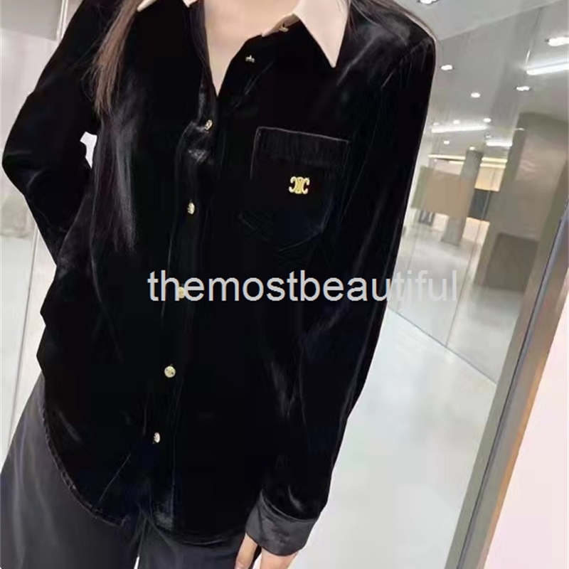 

Women' Blouses & Shirts Letter gold thread embroidered velvet shirt women' early spring CE home color matching long sleeve casual, 2# packing bag