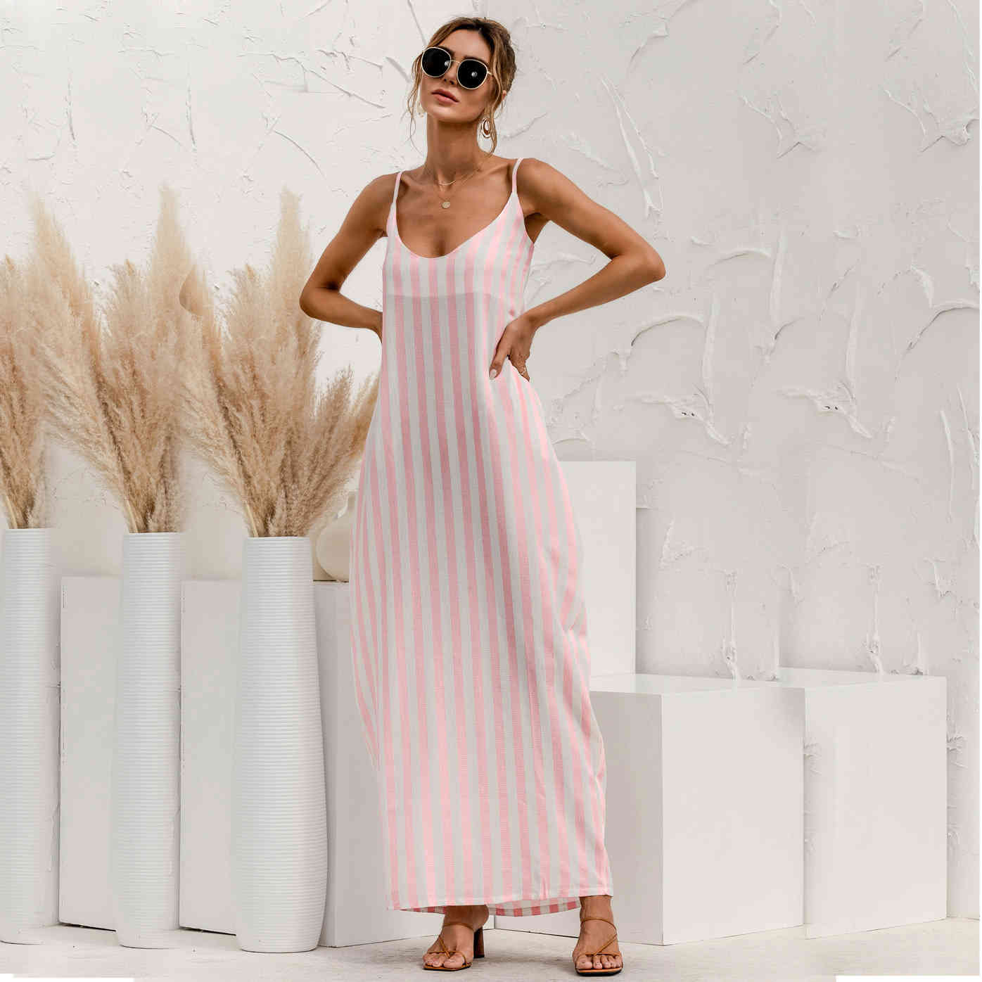 

Bohe dress Summer Spaghetti Strap Loose V-Neck Striped Women' Ankle-length Dress Casual holidays female long 210524, Blue