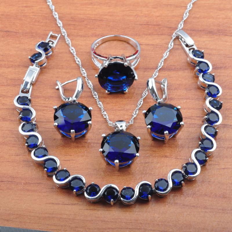 

Earrings & Necklace 2021 Classic Blue Zirconia Silver Color Jewelry Set For Women Pendant Rings Bracelet JS0563, As pic