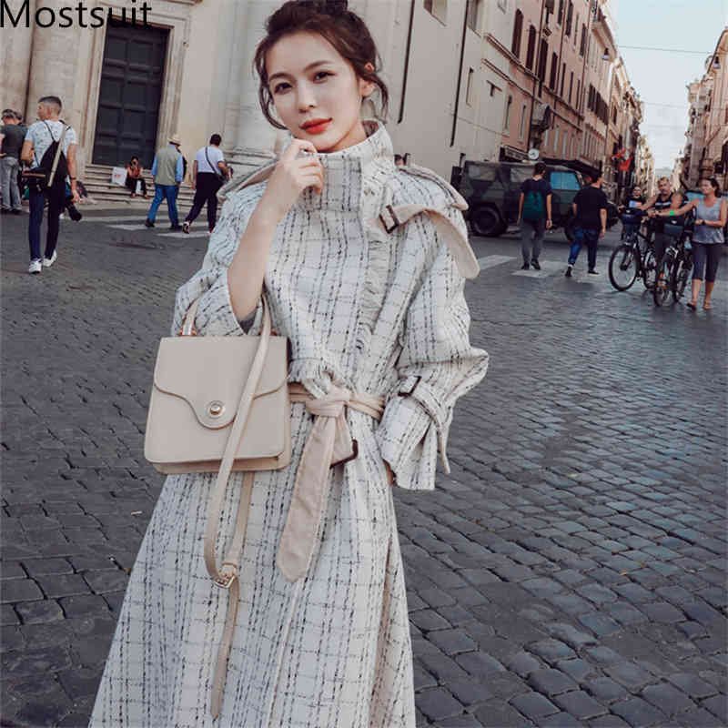 

Autumn Winter Plaid Tweed Long Coats Jackets Women Lace-up Belt Elegant Korean Ladies Fashion Outwear 210518, Beige