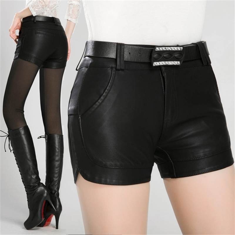 

Free arrival Women's spring Fashion PU Leather Shorts Lady's Mid-Waist Short sexy 210719, Black